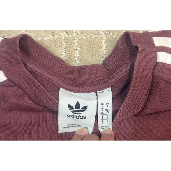 Adidas 3 Stripe Sweatshirt Mens L Maroon Burgundy Crewneck Trefoil Logo Fleece - Picture 4 of 4